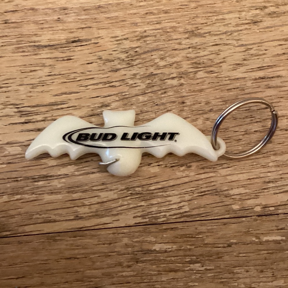 Vintage GLOW IN THE DARK Bud Light Bat Keychain Bottle Opener